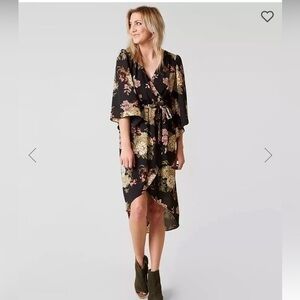 Daytrip Floral Faux Wrap Dress Black, Pink,‎ Green, Mauve Size XS I27
